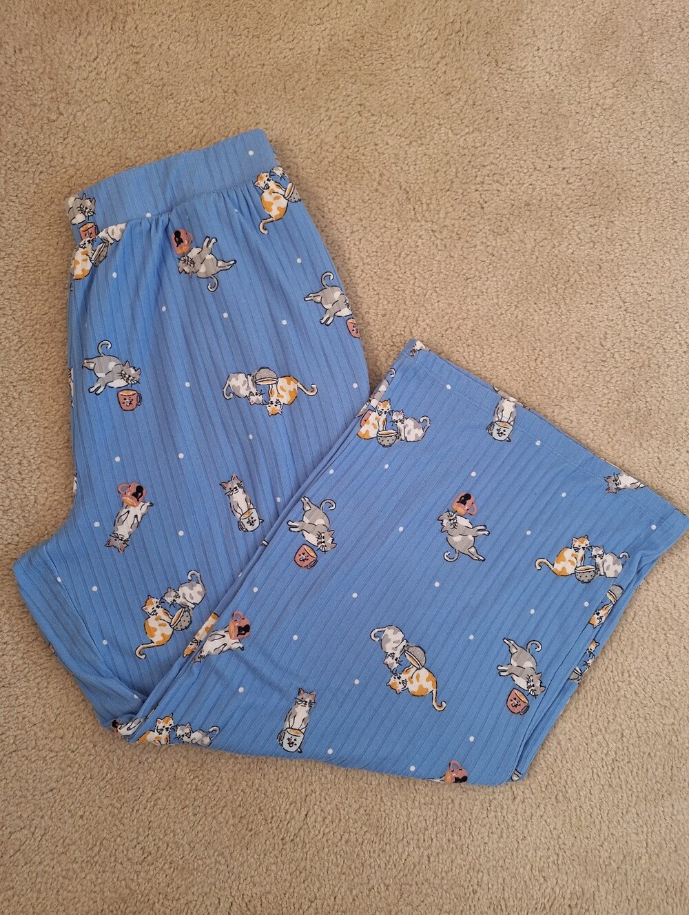 3/$20 Carisma Soft Blue Cat Pajama Bottoms Pockets Calico Tuxedo Cats L